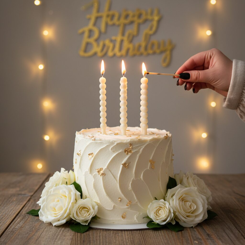 birthday cake with elegant minimalist birthday candles