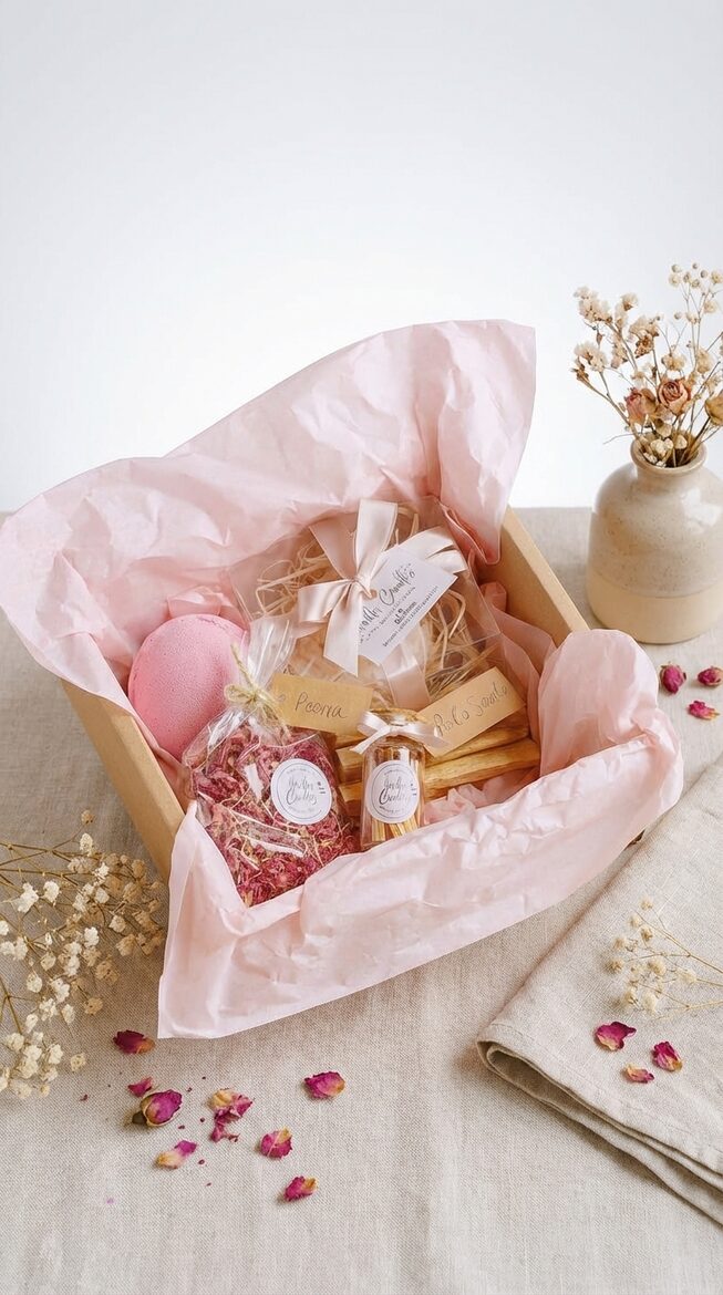 Natural Wax Peony Candle Gift Set with Bath Bomb and Palo Santo