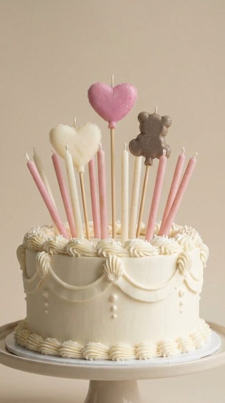 Heart and Teddy Bear Birthday Cake Candle Set with Thin Candles