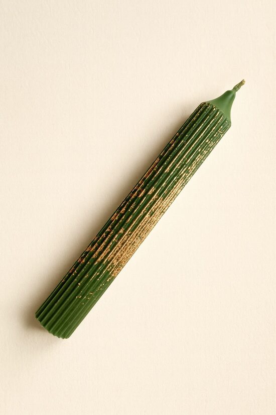 Natural wax table candle, 18 cm, ribbed, Dark green with gold foil