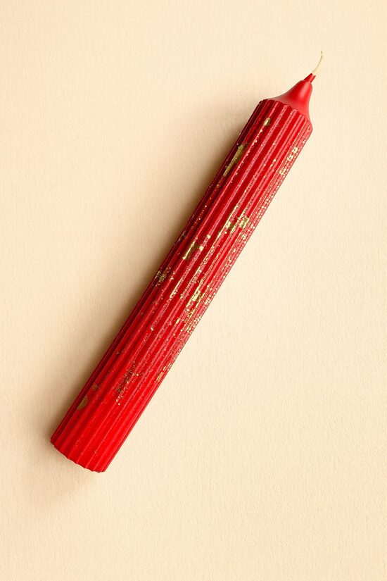 Natural wax table candle, 18 cm, ribbed, Red with gold foil
