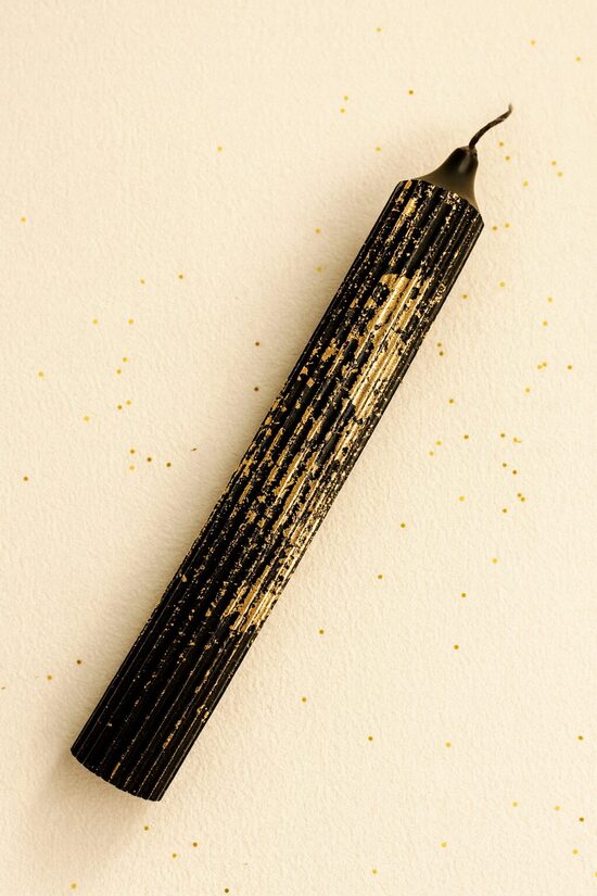 Natural wax table candle, 18 cm, ribbed, Black with gold foil