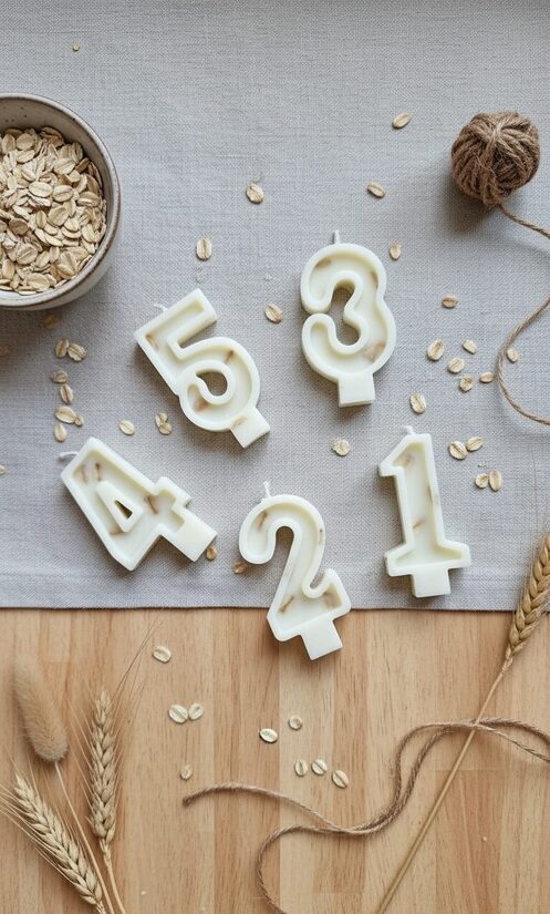Natural wax number candle with oat flakes