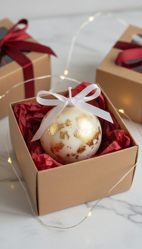 Christmas candle in the shape of a Christmas ball, White and gold foil 