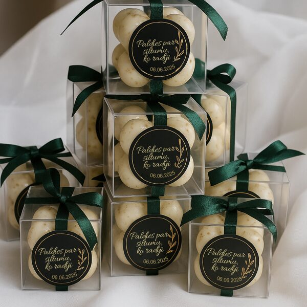 Kāzu sveces ar tumši zaļām lentēm un personalizētu uzlīmi MarMar Candles