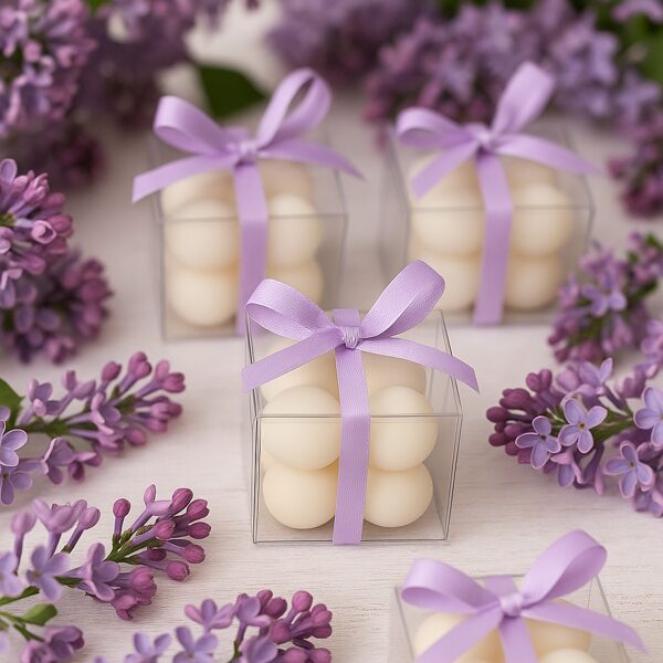 Kāzu sveces kastītēs ar violetām lentēm, starp lavandu, MarMar Candles