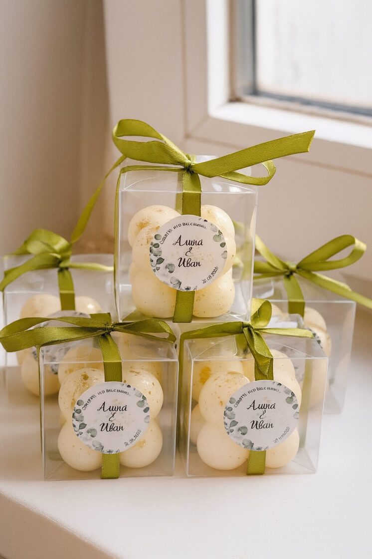 Personalizētas kāzu sveces viesiem ar zaļu lentu un iniciāļiem