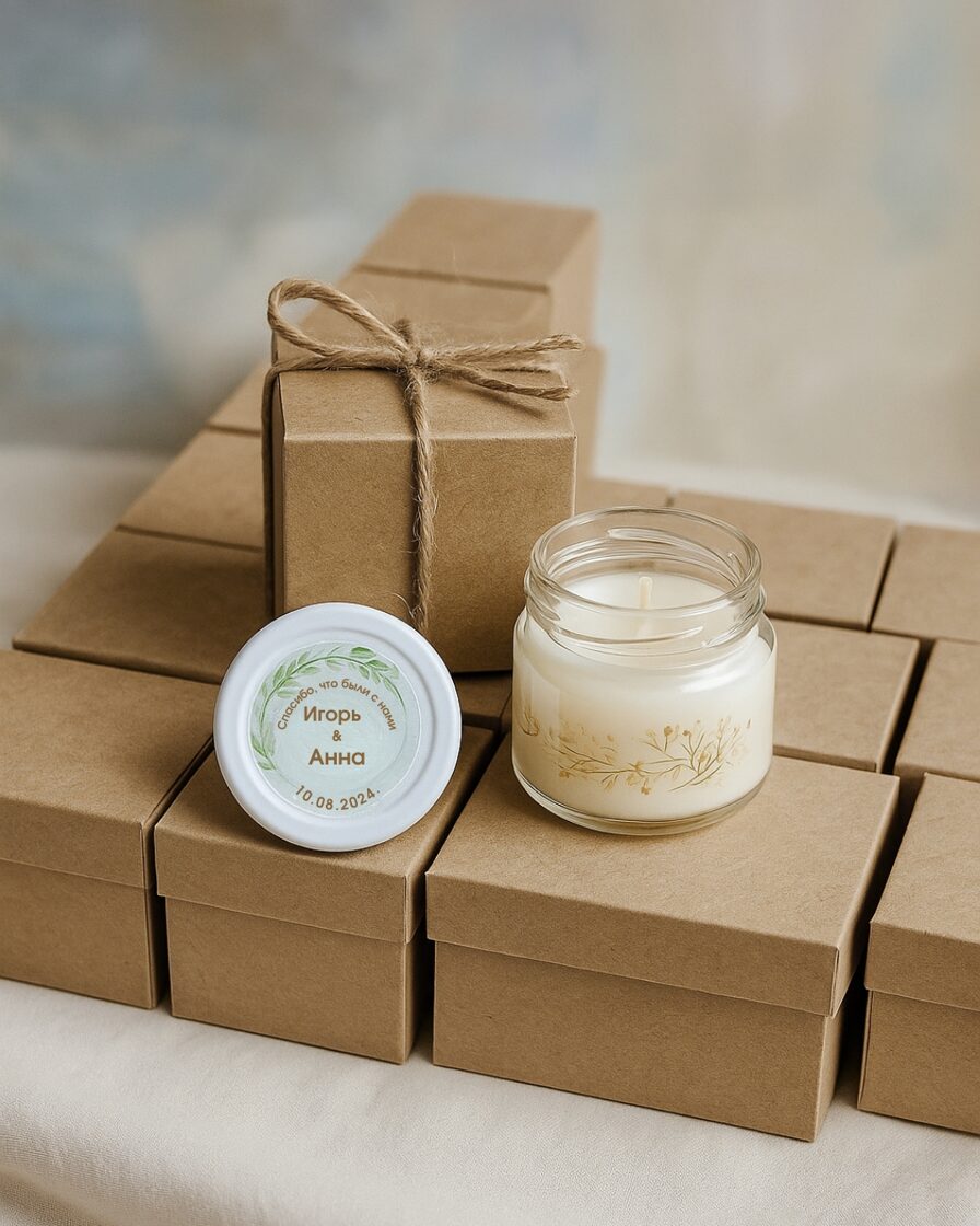 Personalizētas kāzu sveces viesiem stikla burciņās ar vārdiem un datumu